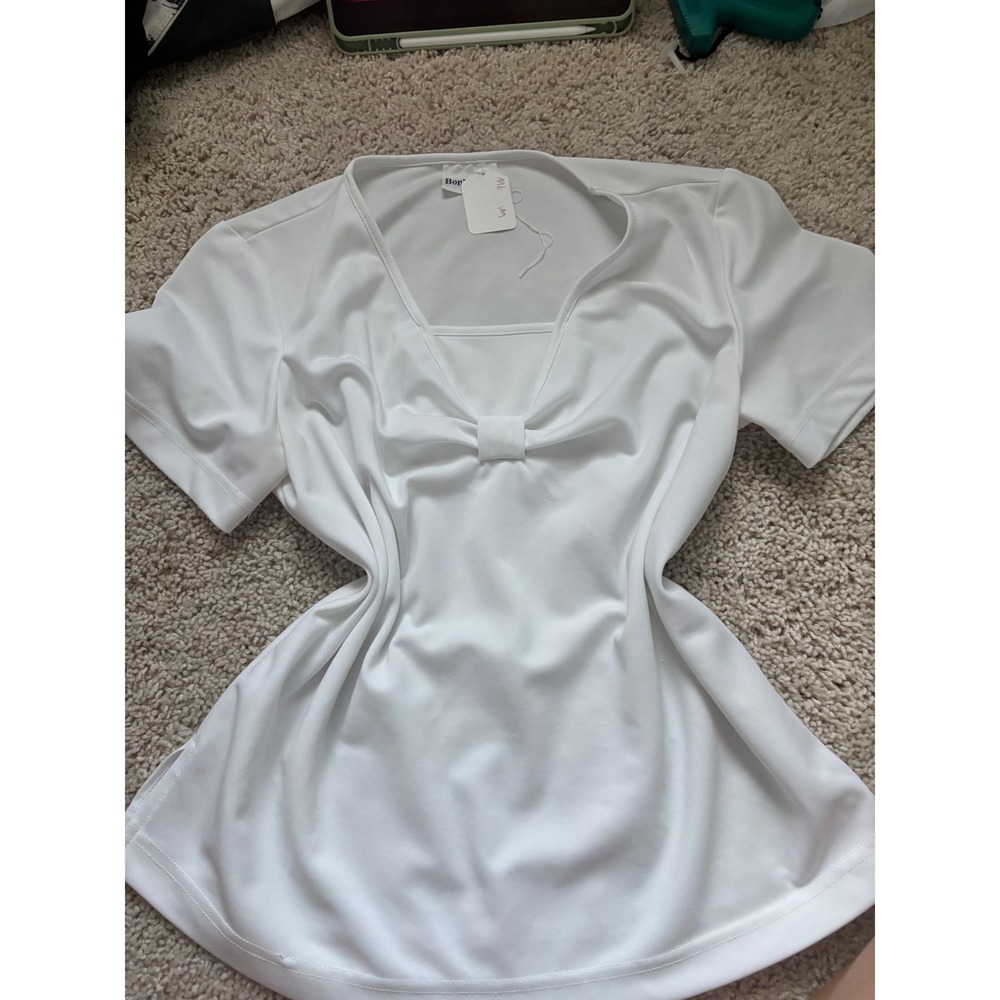 White Bow Front Top Short Sleeve Square Neck Blouse Coquette Balletcore Medium